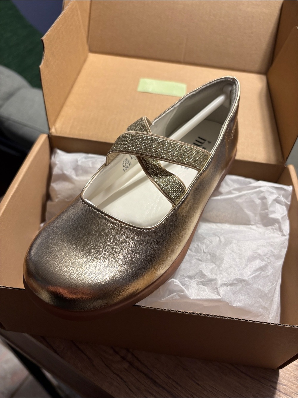 Girls Metallic Gold Mary Jane with Glitter Cross-Strap